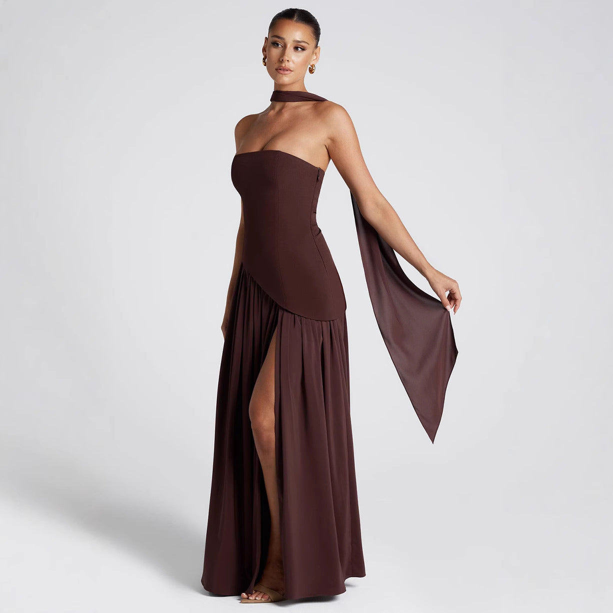 Full body front view of the pull on bodycon dress in studio light