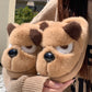 Khaki dog plush slippers with half-closed eyes and a glossy black nose, size 36-37 option