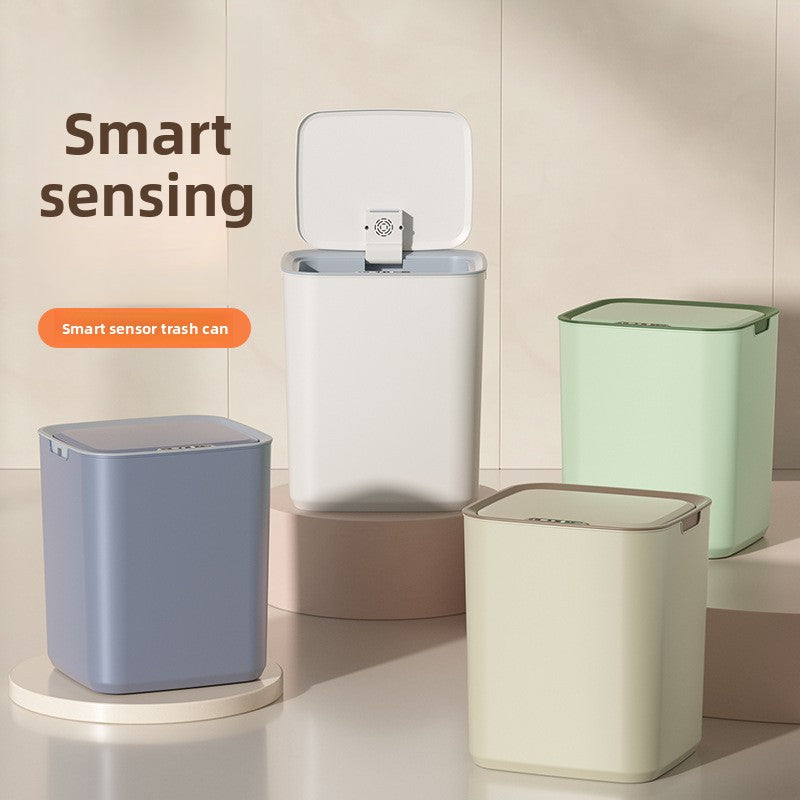 Gray, white, green and cream smart trash cans in a group on a beige shelf, with a smart sensing banner