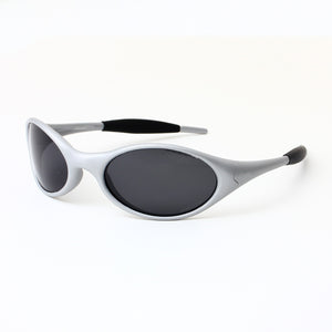 Wraparound sport sunglasses front view showing the silver frame and tinted lenses