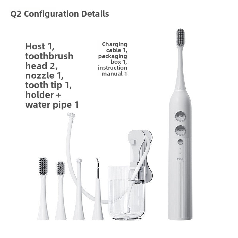 White Q2 electric flosser handle with brush heads, tooth tip, holder, water pipe and cup