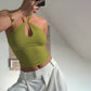 Reverse view of the halter crop top showing the tie-back halter straps