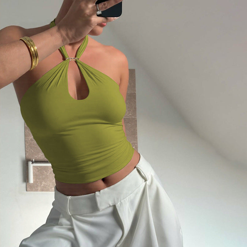 Reverse view of the halter crop top showing the tie-back halter straps