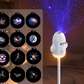 Lit USB star projector with a starry ceiling behind and a board of twelve slide discs