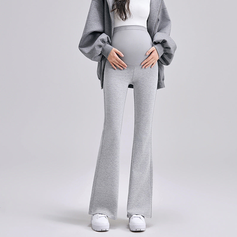 Heather gray maternity bell-bottom pants with a high-waist belly panel, size L option, with a gray cardigan