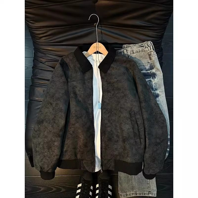Black-gray tie-dye zip jacket with black ribbed collar on a hanger beside jeans and sneakers, size M option