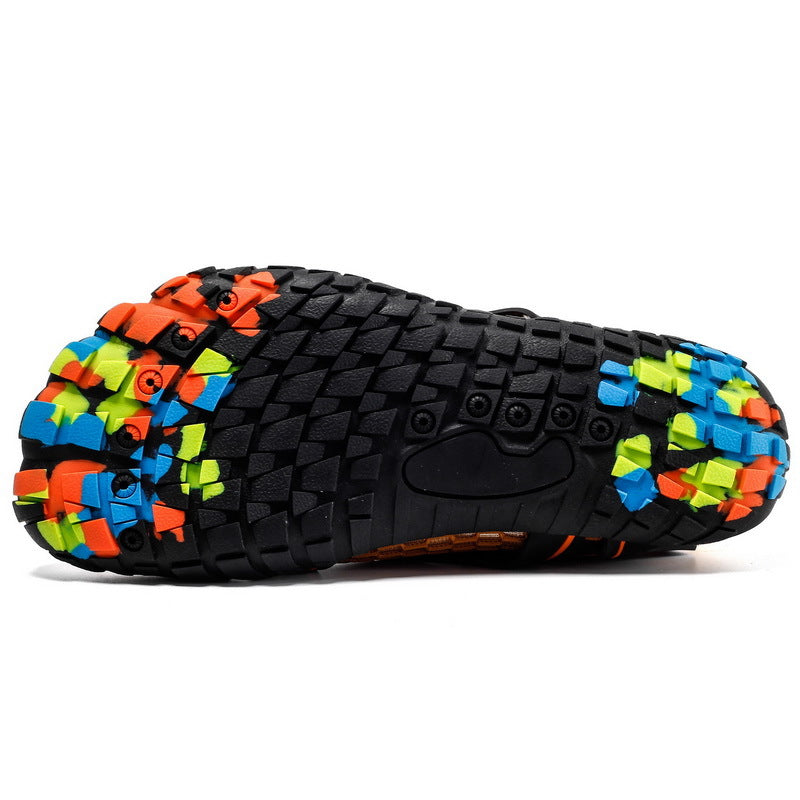 Five finger water sports shoe angled view showing the mesh upper and toe box