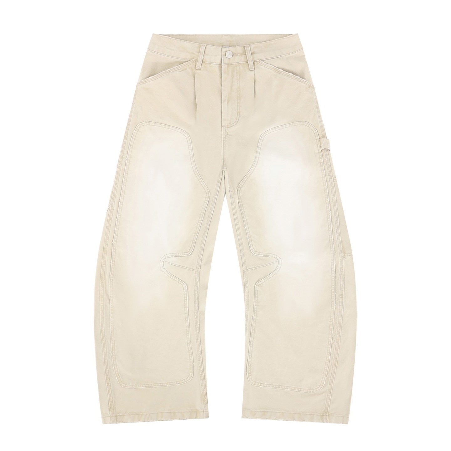 Charcoal gray carpenter pants flat product shot with faded double-knee panels