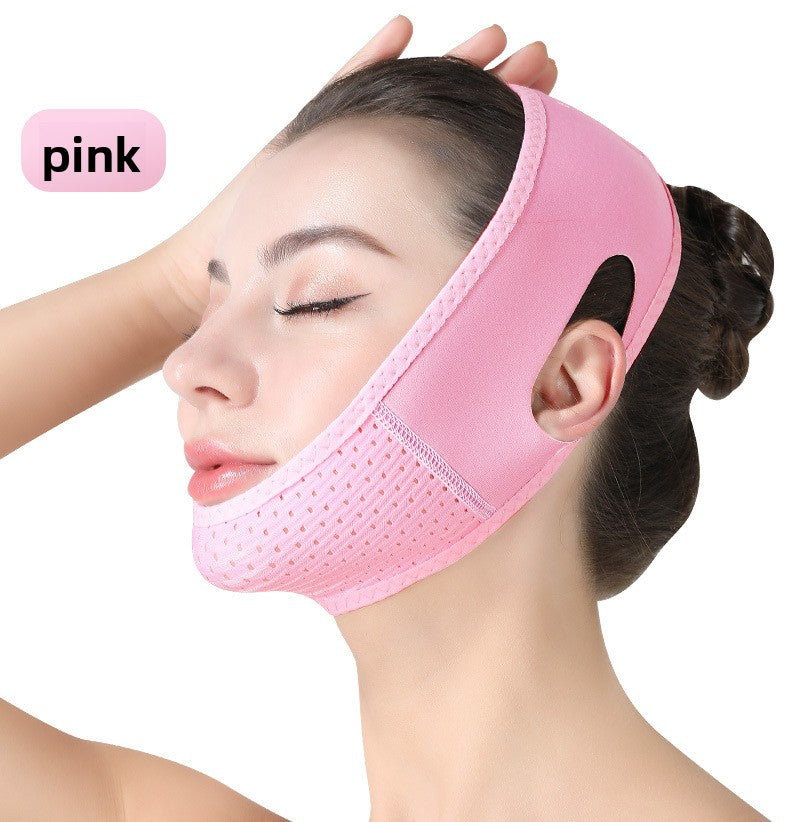 Stretchy face and chin compression wrap laid flat to show its shape