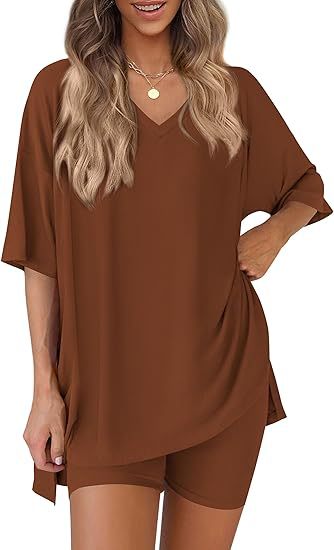 Caramel milk silk V neck loungewear set, oversized top and matching shorts, size XXL