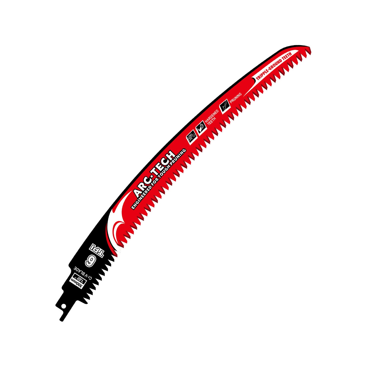 Arc shaped reciprocating saw blade with universal tang and hardened teeth shown at an angle