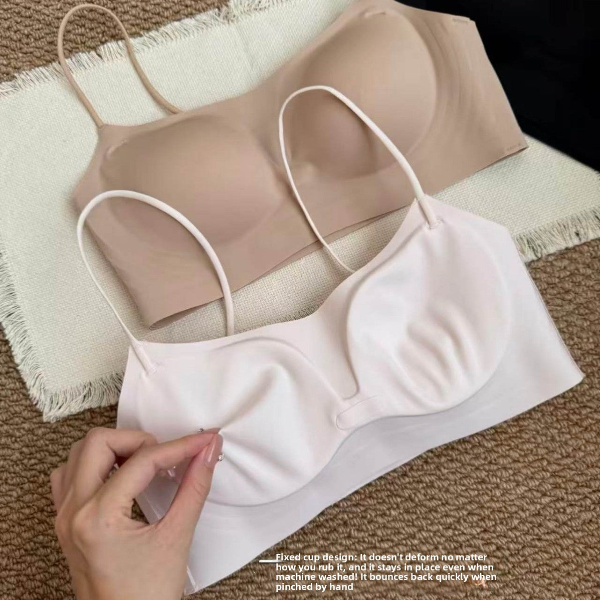 Nude and pale seamless bralettes side by side showing the fixed molded cups