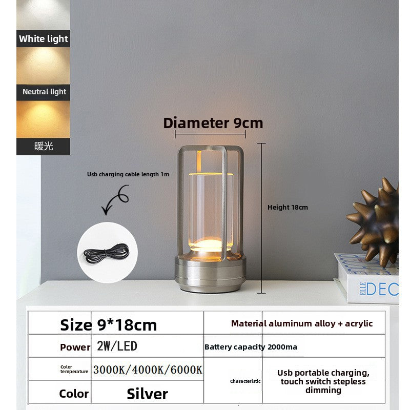 Aluminum alloy and acrylic cordless table lamp for bedside use