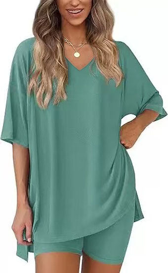 Lake Green milk silk V neck loungewear set, oversized top and matching shorts, size S