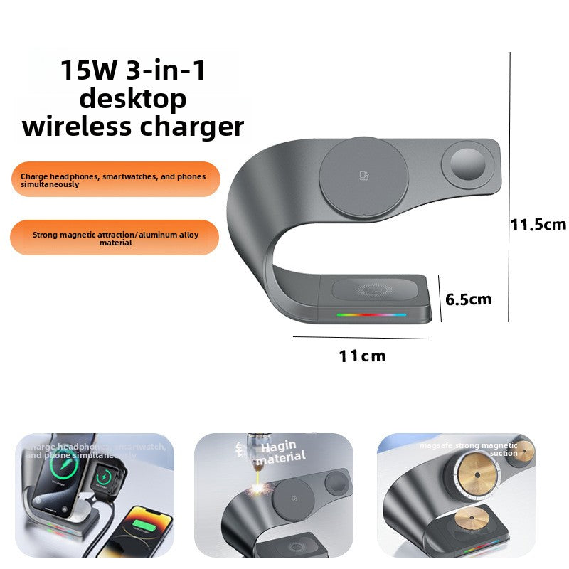 Dark gray 178S Patina 15W 3-in-1 charging stand with a dimensions panel, 11.5 cm high, 11 cm wide, 6.5 cm deep