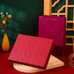 Red damask gift box with a berry red gift bag behind it, no bow, model #8, inner 23x18x8.5 cm