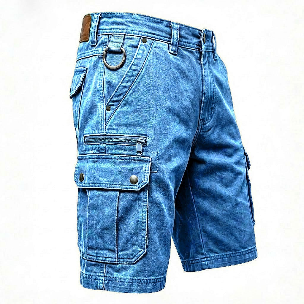 Washed cotton denim mens cargo shorts, detail of the heavy contrast topstitching