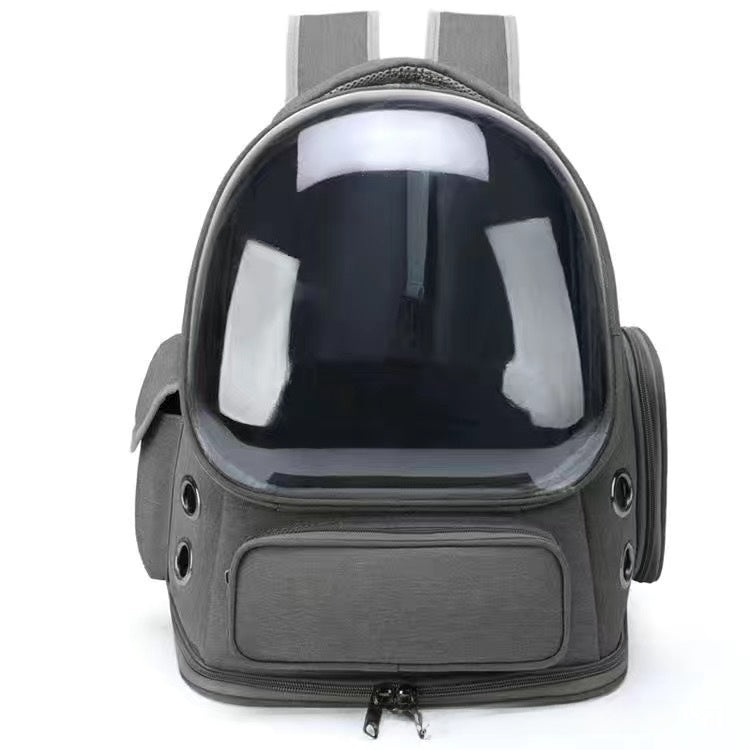 Gray transparent dome pet carrier backpack with a front pocket and side holes on white, Grey option