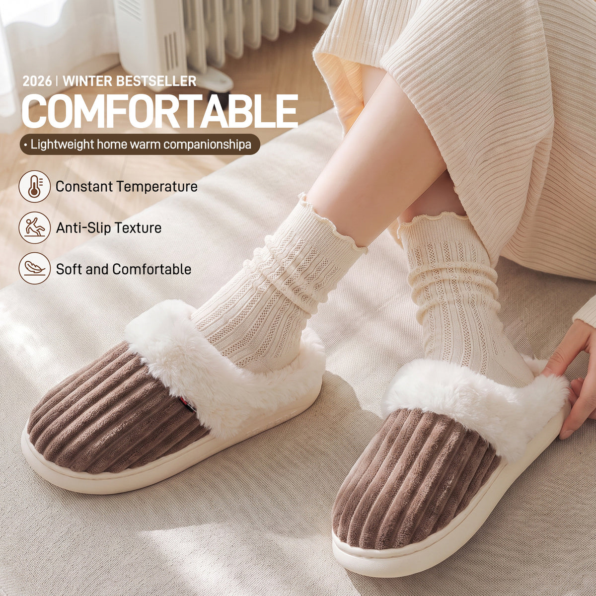 Open back scuff slipper in ribbed plush corduroy with a soft faux fur trim
