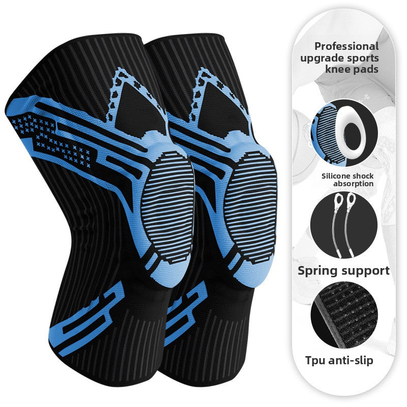 Sports knee brace with reinforced padded kneecap panel and adjustable support strap