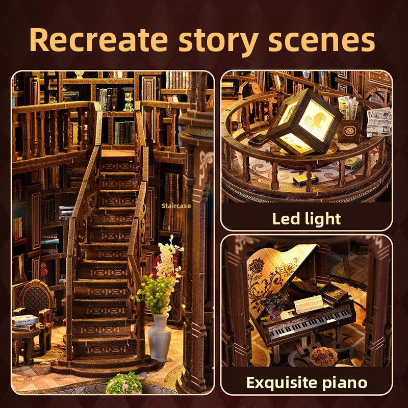 Detail panel of the wood book hall model showing the spiral staircase, LED lamp dome and grand piano