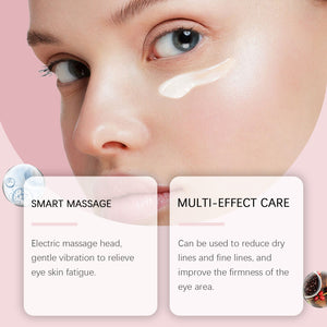 Eye cream applied under the eye with text on the electric massage head and formula
