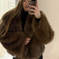 Coffee brown vegan fur short jacket with darker tips and wide shawl collar
