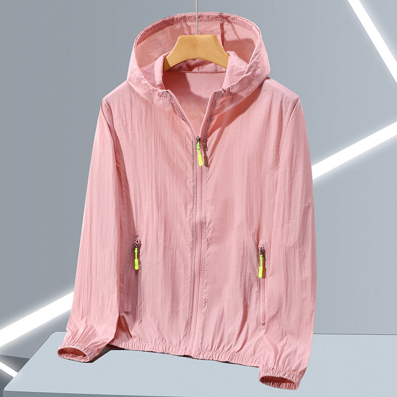 Pink hooded zip jacket with front zip and slanted zip pockets on a hanger
