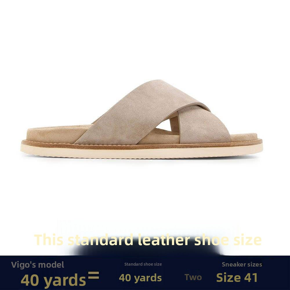 Light taupe suede cross-strap slide sandal with cream sole and size panel, Apricot option, size 39