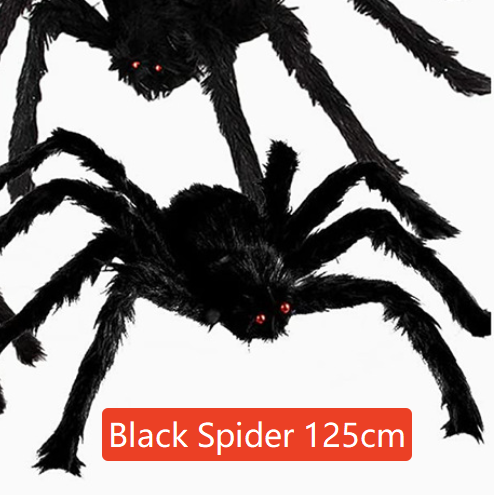 Hairy black Halloween spider prop with red eyes, flocked body and eight posable bendable legs