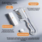 Transparent scalp comb with soft rubber dust cover, ball bearing teeth and 10 ml reservoir labelled on a grey background