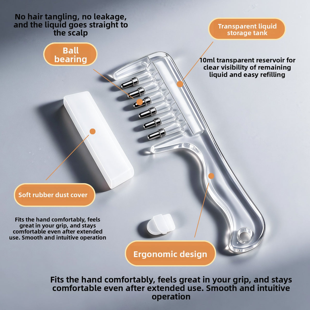 Transparent scalp comb with soft rubber dust cover, ball bearing teeth and 10 ml reservoir labelled on a grey background