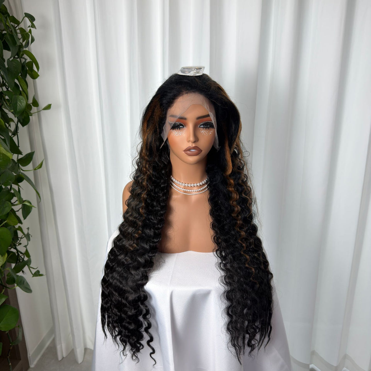Long deep wave wig in black with caramel highlights around the face, Black with Caramel Highlights option