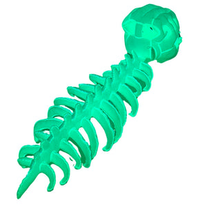 Glowing green dinosaur skeleton spine and tail piece shown alone on a plain white background