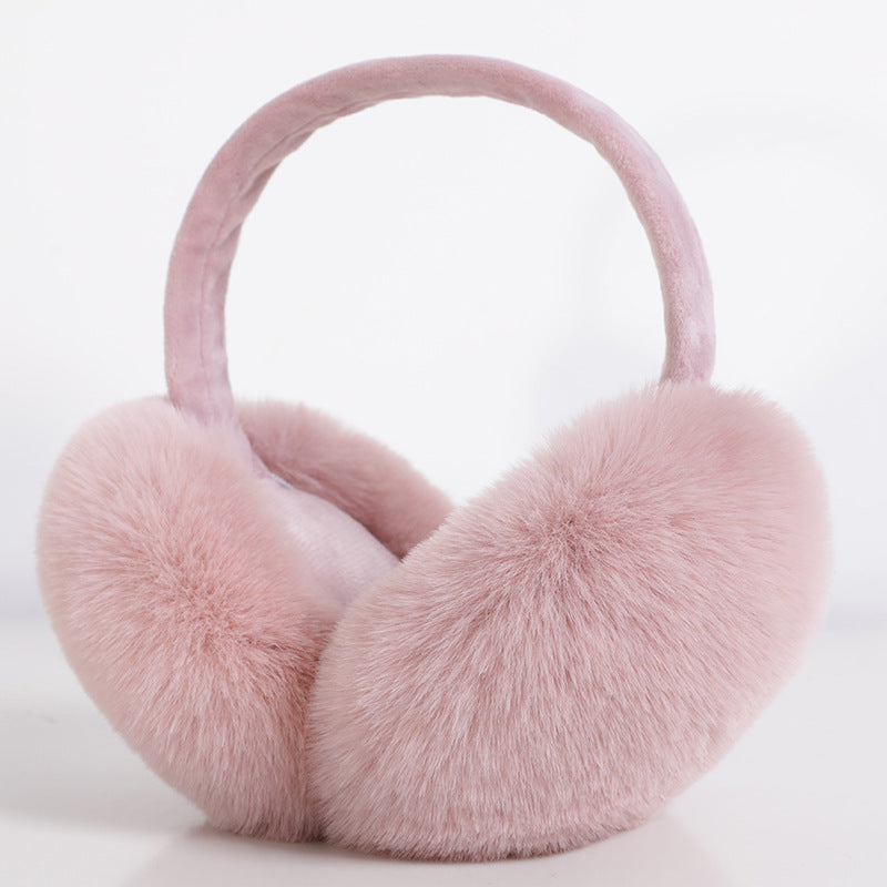 Dusty Rose Fabric Band foldable plush winter earmuffs, front three quarter view