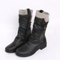 Black glossy mid calf slouch boots with a gray beige knit cuff and zippers, option Black size 40