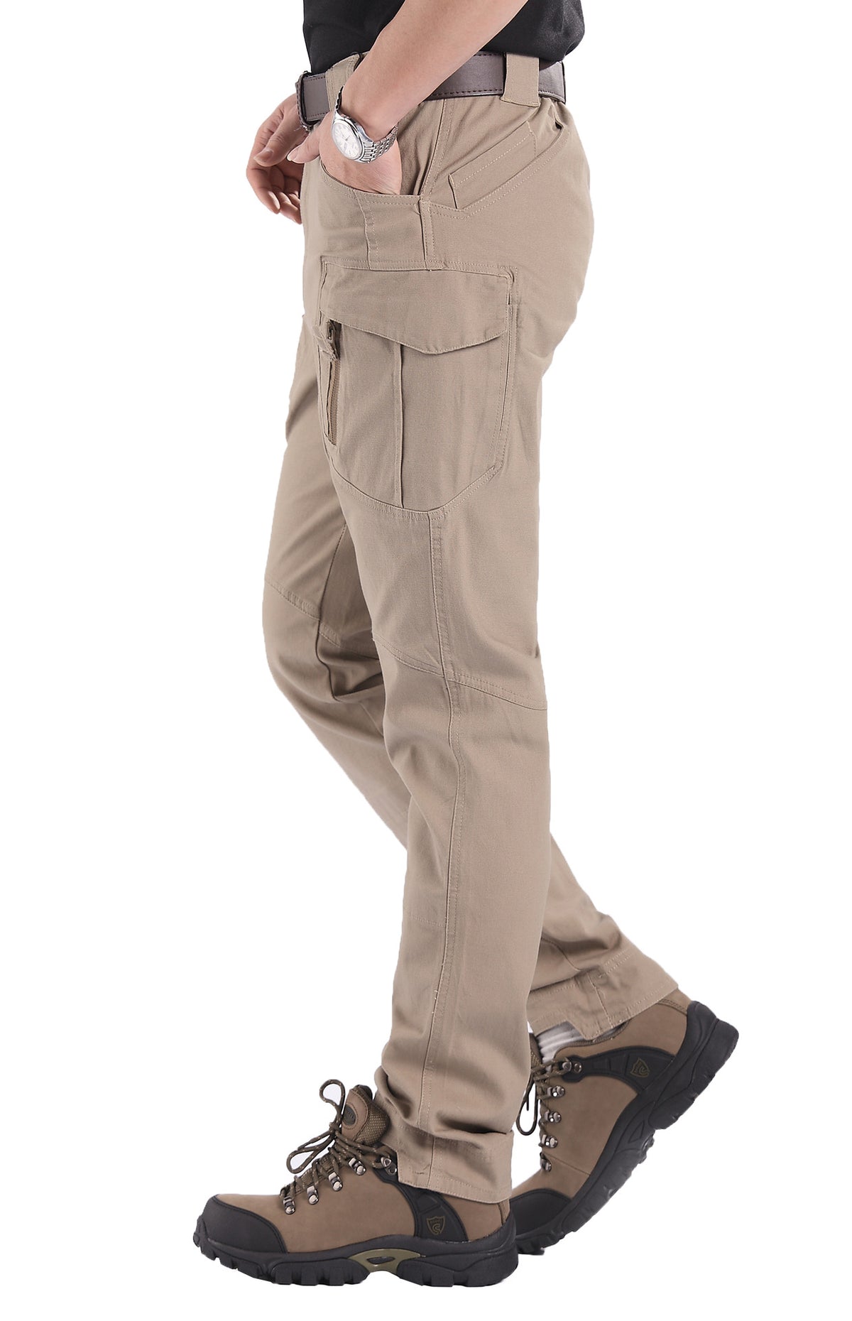 Khaki cotton tactical cargo pants side view with zip flap pocket, size XXL option