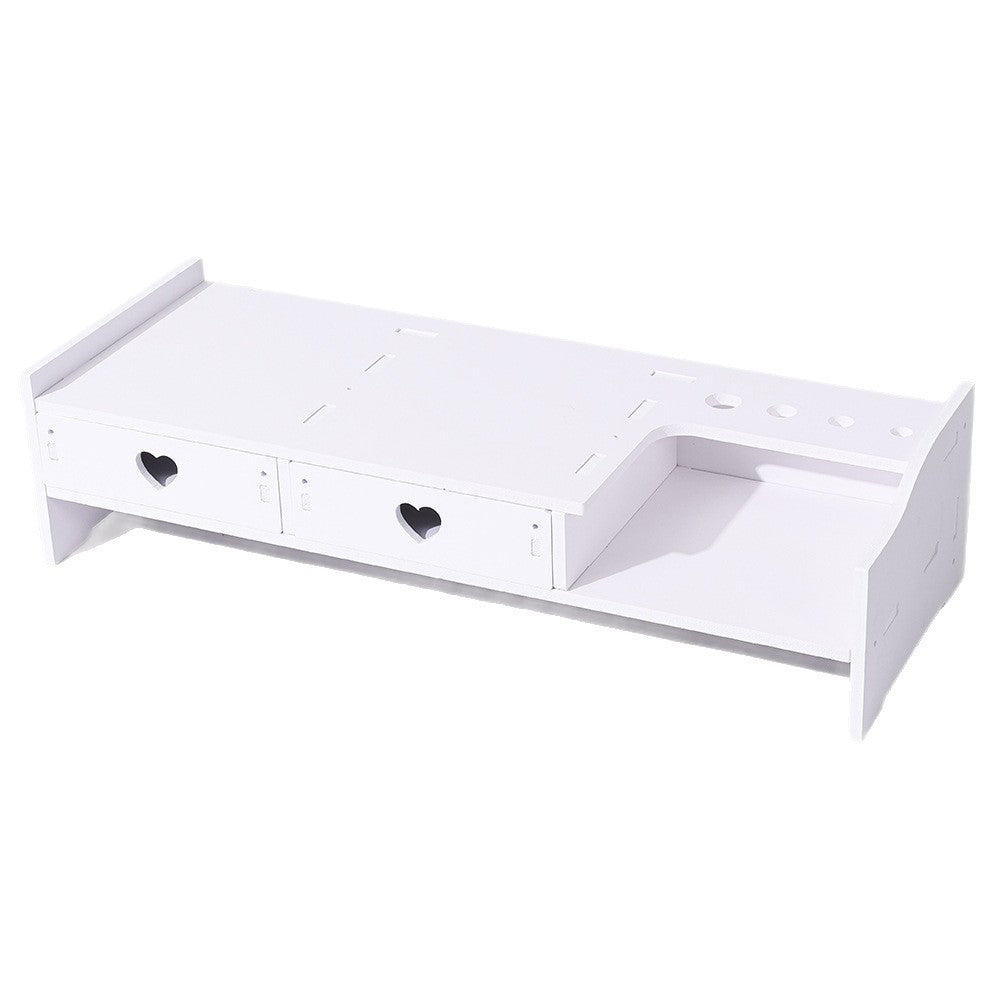 White desktop rack with two heart cutout drawers and an open space beside them, angled view