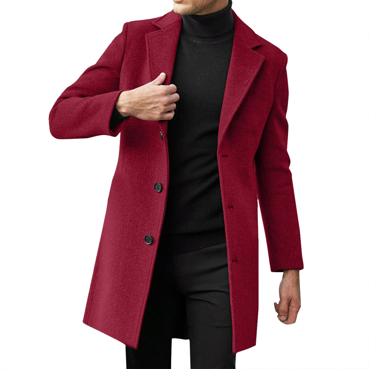 Man in a burgundy single-breasted mid-length coat with notch lapel over a black turtleneck, size S option