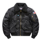 Black bomber jacket showing the sherpa collar, central zip and US flag sleeve patch