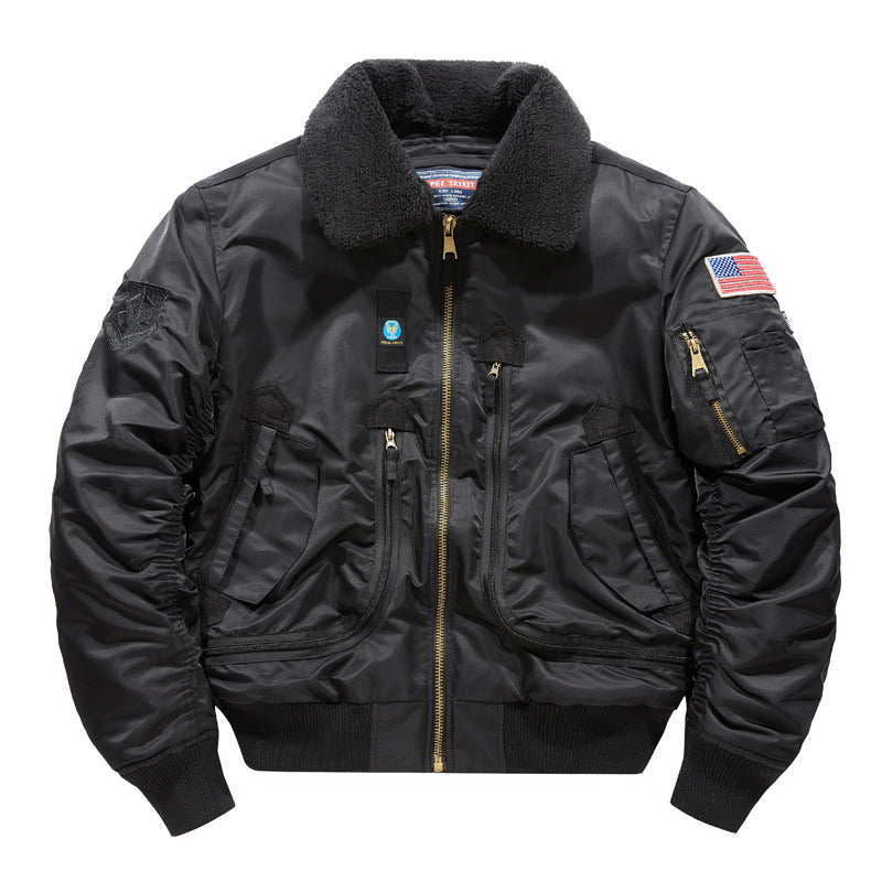 Black bomber jacket showing the sherpa collar, central zip and US flag sleeve patch