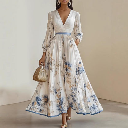 Floral print V neck pleated maxi dress with long blouson sleeves front view
