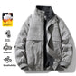 Light gray padded bomber jacket with a fleece lined stand collar and zip front, shown with warmth feature icons