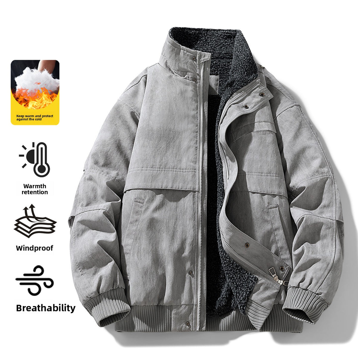 Light gray padded bomber jacket with a fleece lined stand collar and zip front, shown with warmth feature icons