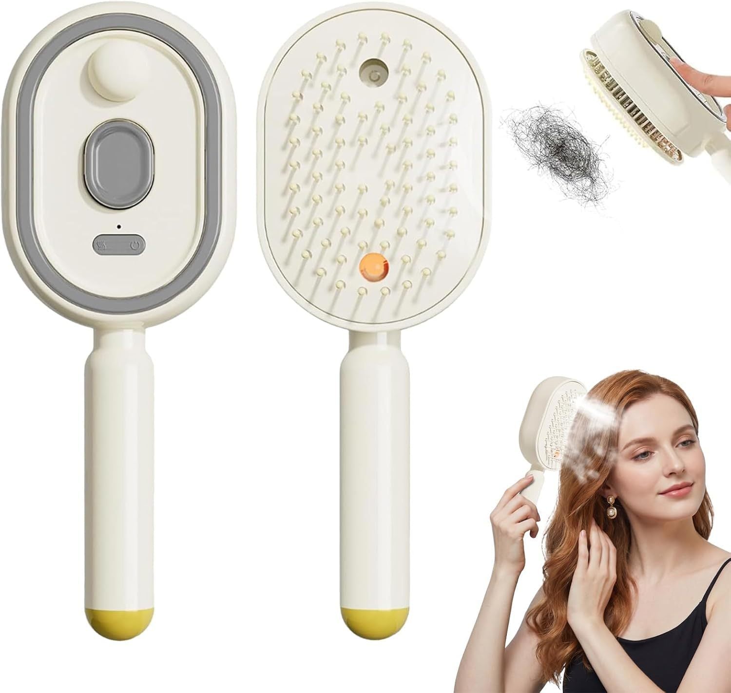 Cream electric mist spray massage hair brush shown front, back and misting hair in use