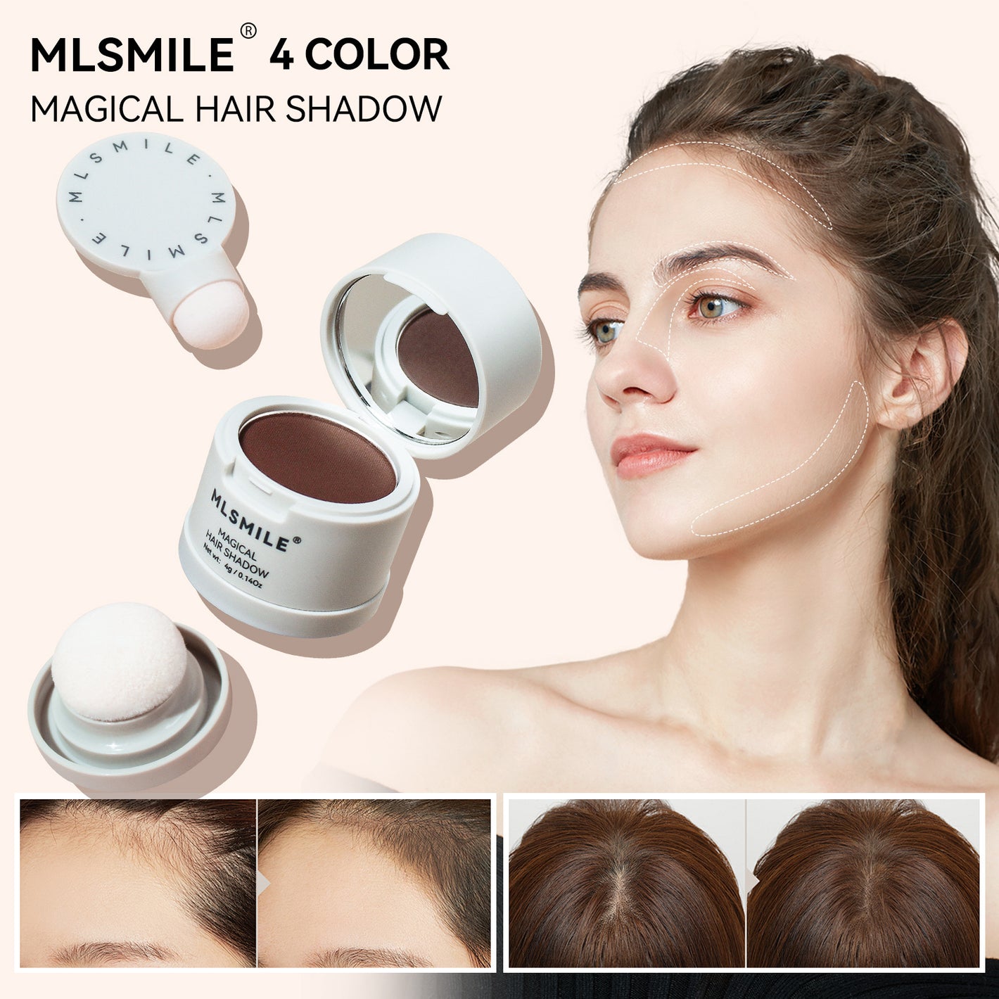 Hairline shadow powder compact with a puff, a model, and before and after shots of a fuller looking hairline