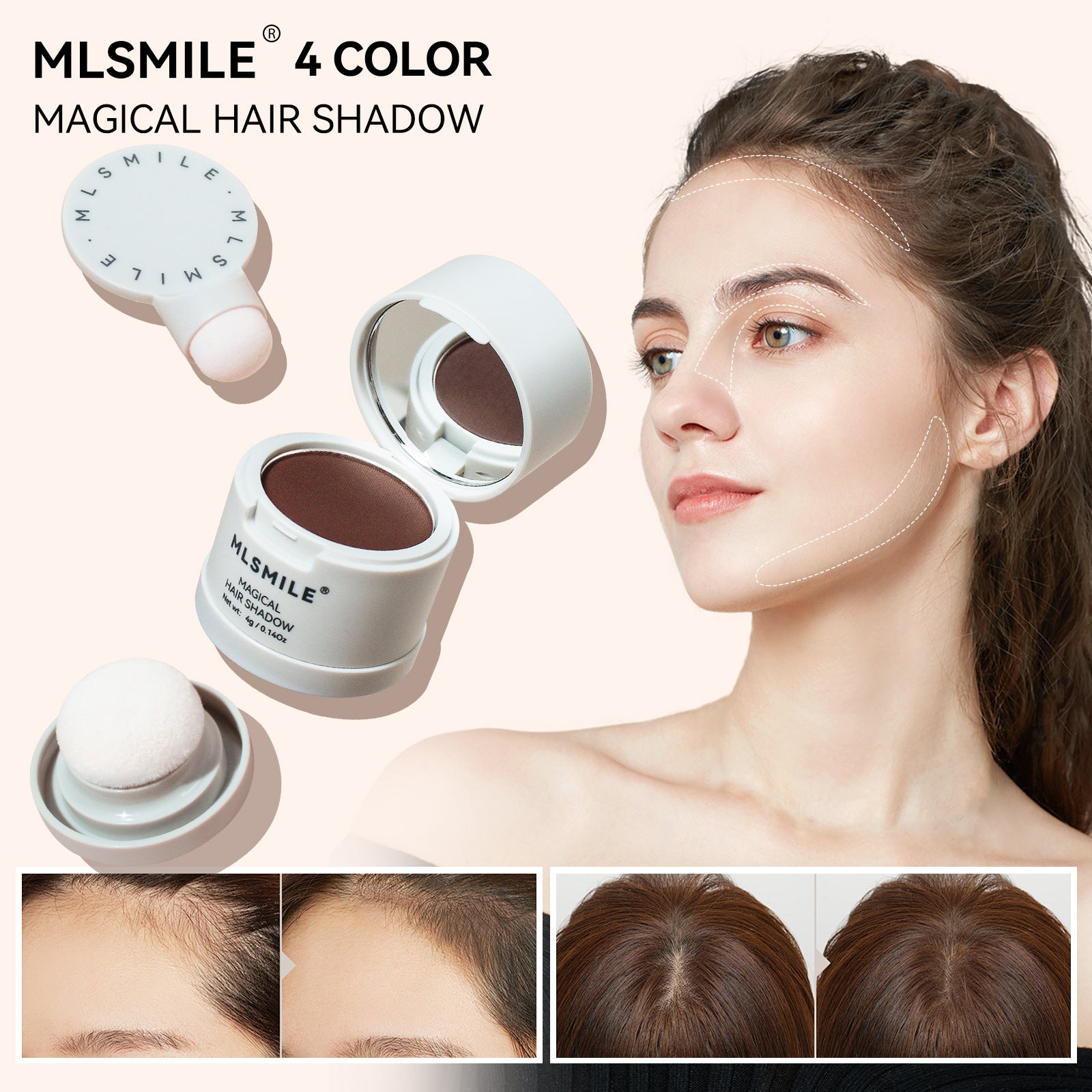 Hairline shadow powder compact with a puff, a model, and before and after shots of a fuller looking hairline