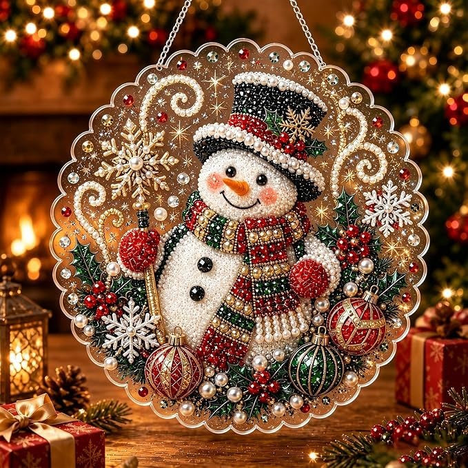 Rhinestone diamond painting hanger with a reindeer and holly on clear acrylic
