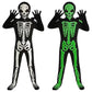 Black skeleton costume with a skull hood mask and gloves, white in daylight and glowing green in the dark