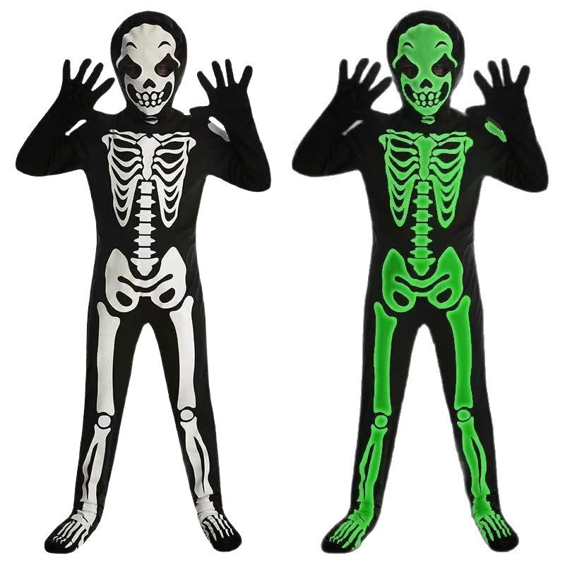Black skeleton costume with a skull hood mask and gloves, white in daylight and glowing green in the dark